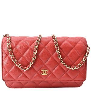 CHANEL CC WOC Caviar Leather Wallet On Chain Crossbody Bag Red